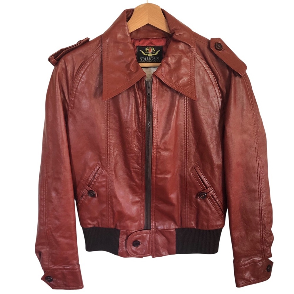 VINTAGE 70s Famous Leather Garments Ltd. Rust Leather Bomber Jacket Size 38 Med